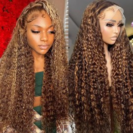 FYKD Highlight Ombre Lace Front Wig Human Hair 13x4 HD Honey Blonde 4/27 Deep Wave Lace Front Wigs Human Hair 250% Density Glueless Wigs Human Hair 22Inch