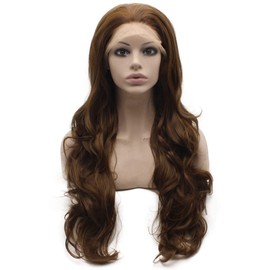 Mxangel 26inch Long Wavy Deep Parting 13 * 6 Hand Tied Highlight Brown Synthetic Lace Front Wig Natural