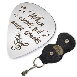 arricraft 1 Pc Stainless Steel Guitar Pick, When Words Fail Music Speaks Picks Musical Notes Plectrums with Leather Holder Bass Pick Musical Gift for Musician Dad Guitar Player Music Lovers