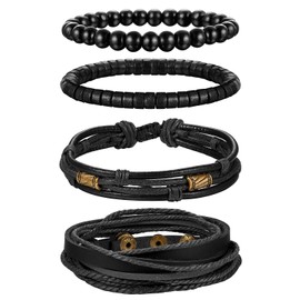 Finrezio Bracelet Wooden Beads Leather Bracelets Set for Men Women Braided Leather Bracelet Vintage Punk Black/Brown, Leather