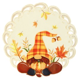 Simhomsen Embroidered Gnomes and Fall Autumn Harvest Pumpkins Round Doily Placemats for Thanksgiving (Round 15 inches Set of 4)