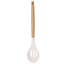 BRIIEC 1pc White Silicone Slotted Spoon with Wooden Handle, Heat Resistant Cooking Utensils, Mixing Spoon, Cooking Backing Spoons Set for Stirring, Mixing and Serving
