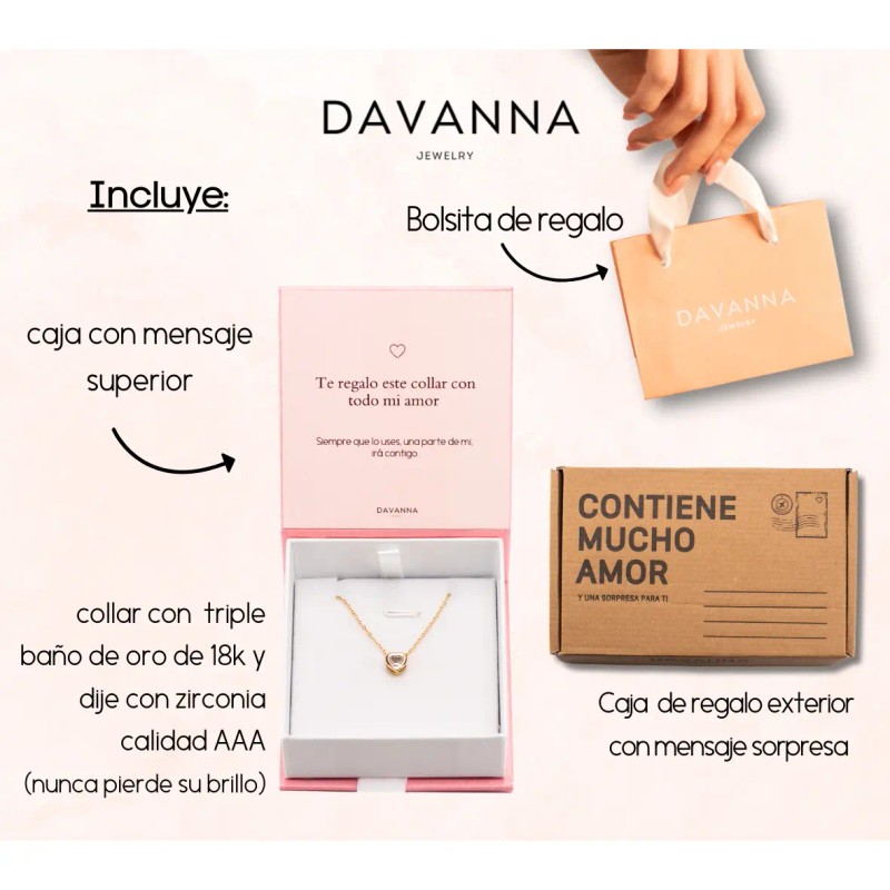 Davanna - Collar Corazon Regalo Aniversario Amigas Mama Acero Baño