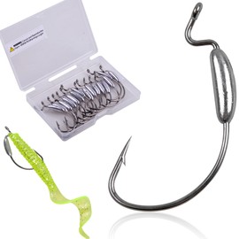15pcs Weighted Swimbait Hooks with Molded Bait Keeper,Equipped with Weedless Worm Fishing Hooks for Soft Plastic Worm for Bass Fishing Multiple Size&Weight (5 Size Mix - 15 Packs)