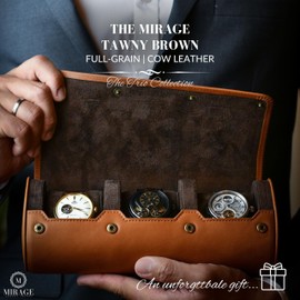 Watch Travel Case for Men – Leather Watch Roll Case Organizer – 3 Watches - Brown Full Grain Cow Leather