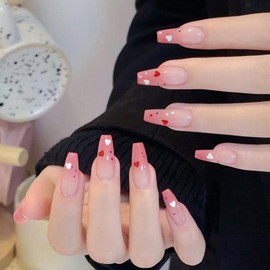 Valentine's Day Press on Nails Medium Coffin Fake Nails Gradient Pink False Nails with White Red Heart Design Cute Valentine's Day Acrylic Nails Full Cover Glossy Glue on Nails for Women Girls 24Pcs