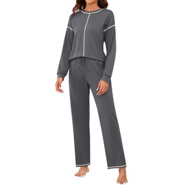 LOMON 2 Piece Women's Cotton Long-Sleeve Tops and Full-Length Pajama Set Loungewear Pjs with Pocket Grey,Large