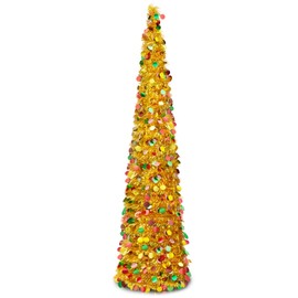 Warmiehomy 5ft/150cm Collapsible Christmas Tree Glittering Pencil Christmas Trees with Sequin Artificial Pop up Tinsel Tree Christmas Decorations for Home, Store, Office, Golden