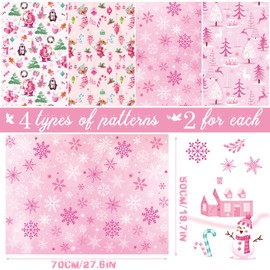 HOWAF 8 Pink Christmas Wrapping Paper, Pink Wrapping Paper Christmas, Xmas Wrapping Paper, Christmas Tree Reindeer Snowflakes for DIY Craft Gift for Christmas, Birthday, Festival Gift Decoration