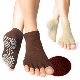 Soxsense Toeless Grip Socks for Pilates & Yoga, Open Toe Non Slip Socks for Barre, Dance, Workout 2Pairs (US, Alpha, Medium, Regular, Regular, Brown/Beige)