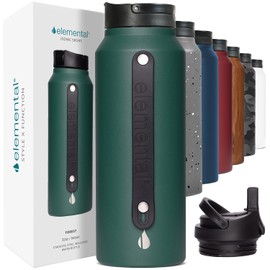 Elemental Iconic Stainless Steel Water Bottle with Straw - 20 oz Leak Proof Triple Wall Insulated Water Bottles for Travel and Sports - Reusable Gym Water Bottle with 2 Straws - Forest Green