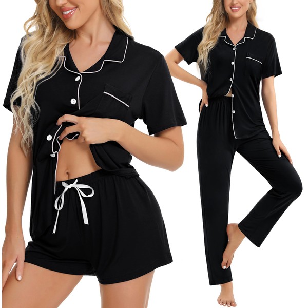 SWOMOG Womens 3pcs Button Down Pajamas Set Short Sleeve Sleepwear