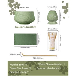 ZENS 5Pcs Japanese Matcha Set, Matcha Tea Ceremony Kit Includes Bamboo Whisk and Ceramic Bowl & (Chasen Holder) Scoop, Towel for Matcha Lovers Gift, Making Latte, Emerald Green