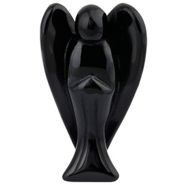 mookaitedecor 3 Inch Black Obsidian Crystal Guardian Angel Gemstone Carved Figurine Statue Home Ornament, Healing Crystal Gifts, Love Peace Lucky Charm Stone Angel for Reiki Chakra Decoration