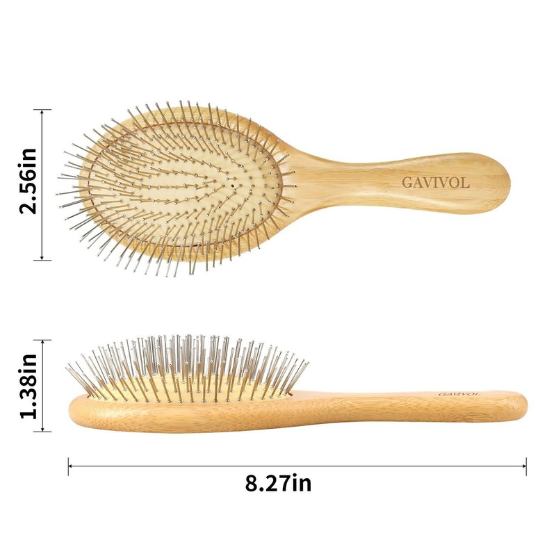 GAVIVOL Bamboo Hair Brush with Metal Bristles, Anti-Static & Detangling