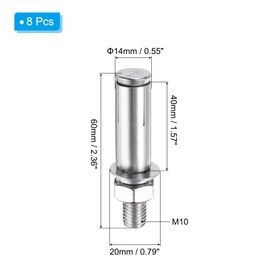 PATIKIL M10 x 60mm Expansion Bolts, 8Pcs 304 Stainless Steel Expansion Screw Bolts Sleeve Anchoring Fastener for Wall Concrete Brick Wall Drywall Air Conditioner, Silver