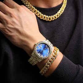 Halukakah Men's Diamond Gold Watch ● President ● 18K Real Gold Plated/Platinum White Gold-Plated 42 mm Wide Green/Blue/Red Bracelet with Lab Diamonds 24 cm, Cuban Link Chain 20 + 45 cm, Includes Gift