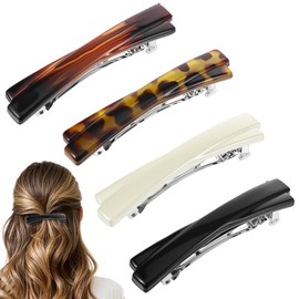 Tyqour 4 Pcs French Barrette Hair Clips for Women, 2.56 Inch Small Tortoise Shell Hair Clip, French Clip for Thin Hair, Curved Glossy Flat Hair Accessories (Black, White, Leopard Color, Amber)