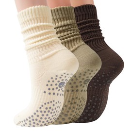 H HOME-MART (3 Pairs) Scrunch Pilates Grip Socks for Women – Perfect for Yoga, Barre, Dance, and Gym Workouts; Long Slouch Socks with Non-Slip Grip for Hospital and Exercise Use