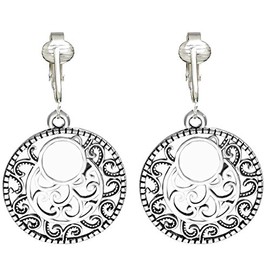 Aloha Earrings Modern Silver Dangle Clip On Earrings for Women & Clip-ons, Non-pierced Ears, Long Dazzling Drop (Filigree Hoops)