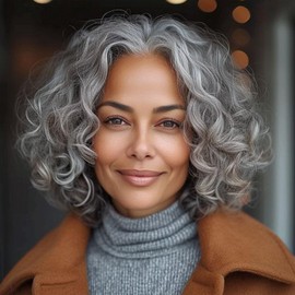 Beweig Short Gray Wavy Wigs for Women Grey Curly Bob Wig Middle Part Silver Synthetic Wig Natural Looking Daily Party Wig