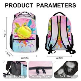 Homexzdiy Kids School Backpack for Boys Girls, 17" Pink Softball Backpacks for School, Fashion Pattern Large Capacity Bookbag for Kids Students