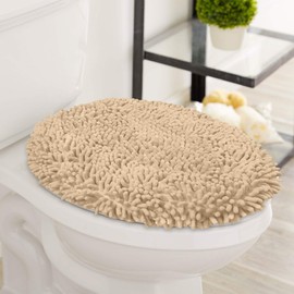 LuxUrux Toilet Lid Cover, Extra-Soft Plush Seat Cloud Washable Shaggy Microfiber Standard Toilet Lid Covers for Bathroom Machine Wash & Dry. (18 x 18'', Birch)