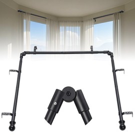 Bay Window Curtain Rods 1 Inch Rustproof Metal Corner Curtain Rod for Windows 59-184” Adjustable U Shape Rod - Foldable Corner Solution for Bay/Box/U Shaped Windows (Matte Black)