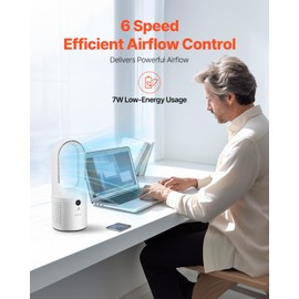 VEVOR Desk Fan Bladeless, 12.99 Inch Portable Desk Fan, 6-Speed USB Quiet Cooling Small Tower Fan with Rechargeable Battery, Easy to Clean & Kids-Friendly, Blows Cold Air for Bedroom, Office, Home