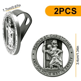 Lotsdonxia 2 Pcs St. Christopher Medal Sun Visor Clip Zinc Alloy Round Hook for Vehicle Sun Visor Catholic Protection Bless Driving Safety Clip Religious Gift