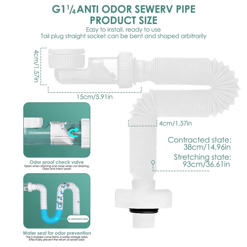 YdseozOA 1 1/4 Inch Space Saving Siphon, Flexible Drain Hose,