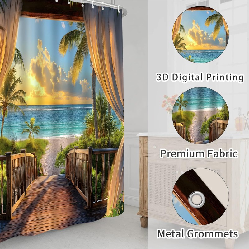 KDYDK Ocean Beach Shower Curtain Teal Orange Sea Sunset View