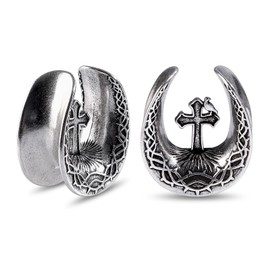 Longbeauty Ear Gauges Double Flared Plugs Ear Stretcher Expander Piercing Notch Cut Style U-Shape Double Saddle for Stretched Expander Ear Piercing 8 mm to 16 mm, Stainless Steel