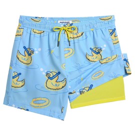 MaaMgic Mens Swim Trunks with Compression Liner 2 in 1 Swimming Shorts Stretch 5.5" Quick Dry Bathing Suits,Ducks Blue,XX-Large