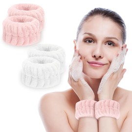 MOLOPPO 4 Pcs Soft Microfiber Wrist Bands for Washing Face, Towel Bands，Prevent Water Spills, Reusable Face Washing Accessories for Women(Pink+White)