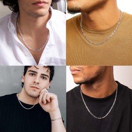 Esrael 925 Sterling Silver Soild 3 mm 5 mm Figaro Chain Necklace for Men, Robust Non-Fading Men's Silver Chain Jewellery Gifts for Men 16/18/20/22/24 Inches, Sterling Silver, No Gemstone