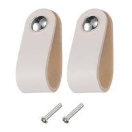 sourcing map 2 Packs Leather Drawer Pulls, Single Hole Leather Drawer Knobs Furniture Dresser Handles Pulls with Screws for Dressers Drawers Closet Kitchen Cupboard, Cream/Silver