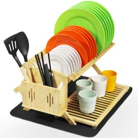 YZHDUXIU Bamboo Dish Drying Rack with Dish Drying Mat, 3 Tier Collapsible Dish Rack, Large Dish Racks for Kitchen Counter, Wooden Folding Dish Drainer with Utensil Holder