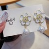 14K Gold Flower Pearl Drop Earrings for Women, Green Enamel
