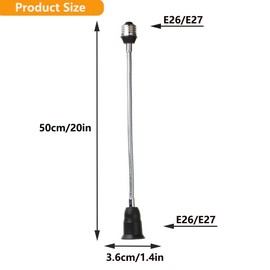 E26/E27 50CM/20 inch Extension Socket Extender Adapter, E26 to E26 Flexible Extension, All-Directional Adjustable Standard Medium Light Bulb Socket Converter,Black (2 Pack)