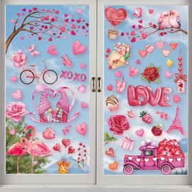 Valentine Window Clings for Glass Windows Gnome Pink Love Tree Truck Flamingo Window Stickers Heart Window Decals Valentines Day Decoration for Home Office Party Classroom Wedding Anniversary