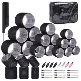 Hair Rollers Set 40 PCS, Hair Roller For Long & Short Hair, Velcro Hair rollers, Rollers hair curlers with 18 Self Grip Black Rollers, 16 Hair Clips, 1 Rat Tail Combs&Waterproof storage bag