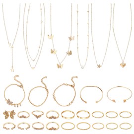 23Pcs Gold Jewelry Set for Women, Fashion Gold Plated Jewellery Set, Adjustable Stackable Rings Necklace Set Multi Layered Bracelets Set for Women Valentine Anniversary Birthday