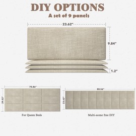 Upholstered Headboard for Queen Size Bed, Wall Mounted & Peel and Stick Headboard, Soundproof DIY Wall Panels, Fabric Tufted Head board in Modern Design for Bedroom (9 Panels, Each 23.62"x9.84"）