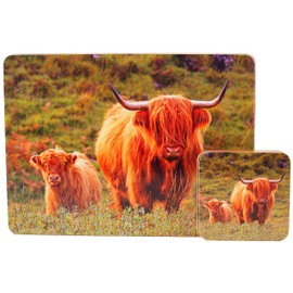 Set Of 4 Highland Cow On Moors Scene Dinner Place Mats And Coasters