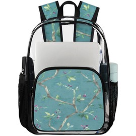 bisibuy Bird Flower Branches Clear Backpack Stadium Approved Heavy Duty PVC Transparent Backpacks Large See Through Bag for Work Travel Sports Events Concerts