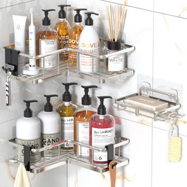 YASONIC Corner Shower Caddy Organizer, 3-Pack Self-Adhesive Rustproof Bath Shelves with Soap Holder & 4 Hooks, Large Capacity Shower Storage Rack for Bathroom Organization, Silver
