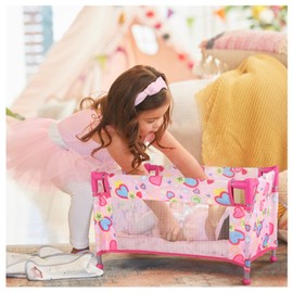 Chyyeerkidd Toy Baby Doll Crib for 18'' Dolls, Cute Pink Heart Designed Baby Doll Bed with Carry Bag, Toy Crib Doll Furniture for 3 Years+ Girls
