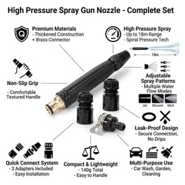 Home High Pressure Car Wash Water Gun, Durable Aluminum Alloy Body & Brass Connectors, 18m Long Range Power Washer Nozzle, 3 Spray Modes for Auto Garden & Floor Cleaning (1set Black)