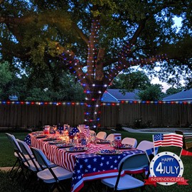 POTIVE 2 Pack Red White and Blue Battery Operated Rope Lights, Total 200 LED 66Ft 4th of July Lights Outdoor, 8 Modes Patriotic Light Waterproof for Independence Day American Flag Decorations